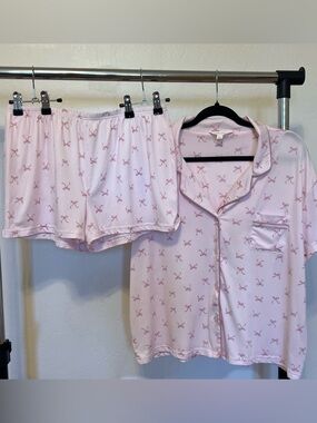 Women's Pink Bow-Print Short PJ Set